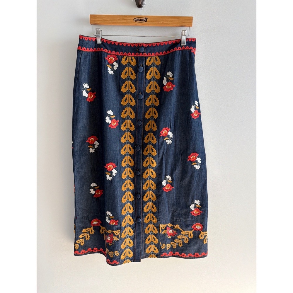 Elizabeth James The Label Denim Floral Embroidered Midi Skirt Blue Womens Large - Picture 2 of 11